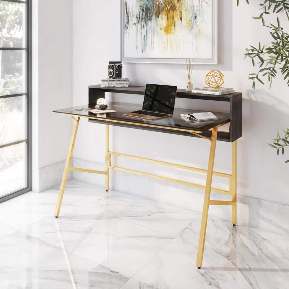 Mid-Century Modern Gray 50" Glass Top Writing Desk