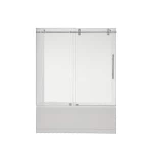 Villena 60 in. W x 58 in. H Single Sliding Frameless Tub Door in Nickel with Clear Glass