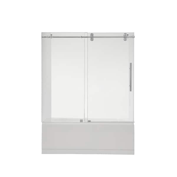 ROSWELL Villena 60 in. W x 58 in. H Single Sliding Frameless Tub Door in Nickel with Clear Glass