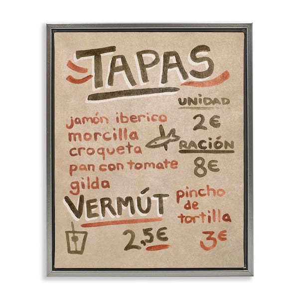 Stupell Industries Spanish Tapas Menu by June Erica Vess Gray Floater Frame Food Graphic Art Print 21 in. x 17 in.