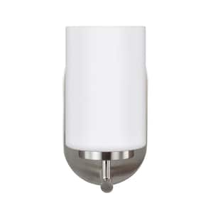 Oslo 4.75 in. 1-Light Brushed Nickel Black Transitional Contemporary Wall Sconce with Cased Opal Etched Glass Shade