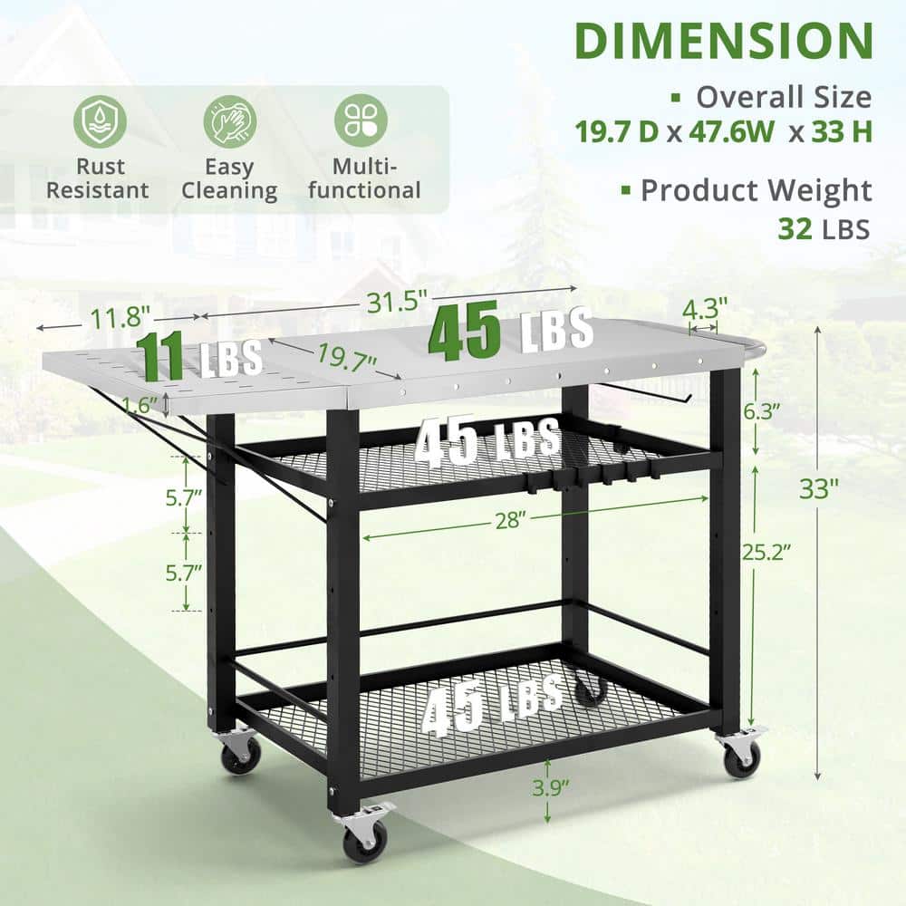Black 3-Tier Stainless Steel Outdoor Grill Cart with Wheels