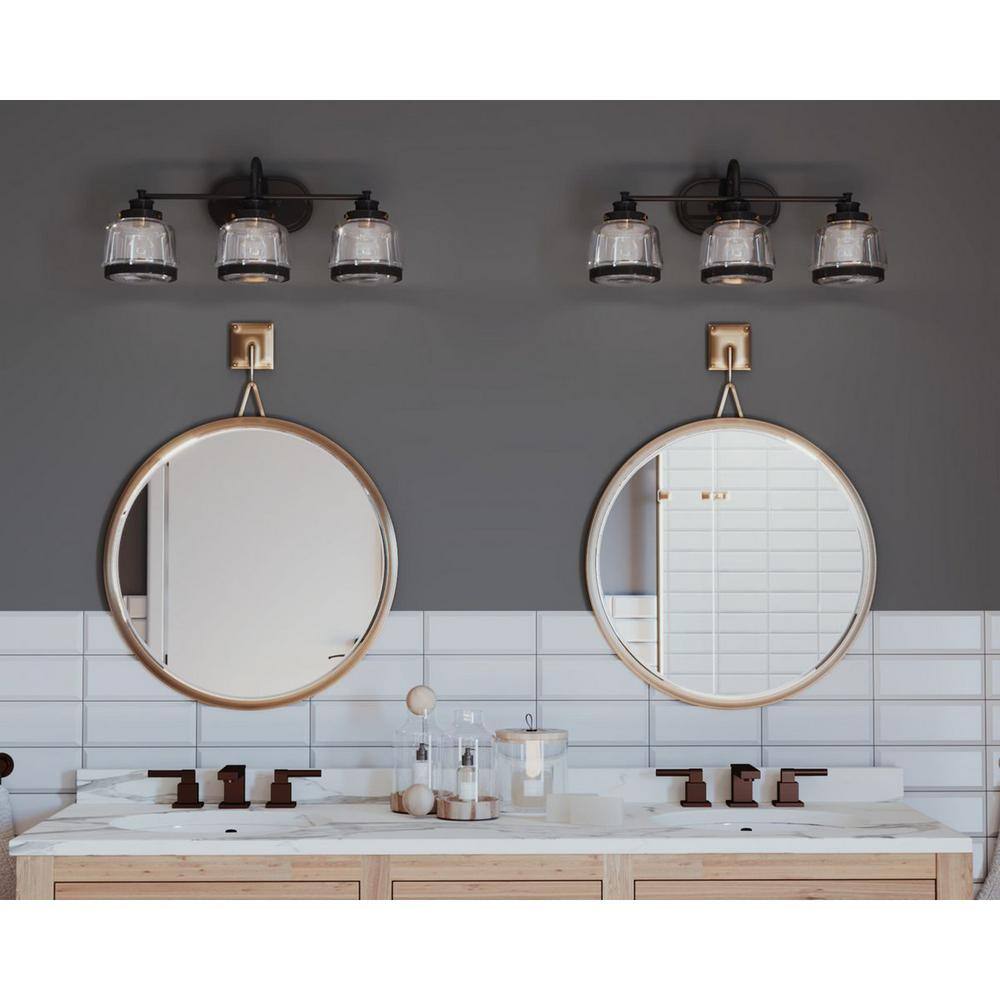 Antique Bronze 26" Three-Light Bath Vanity with Clear Globe Shades