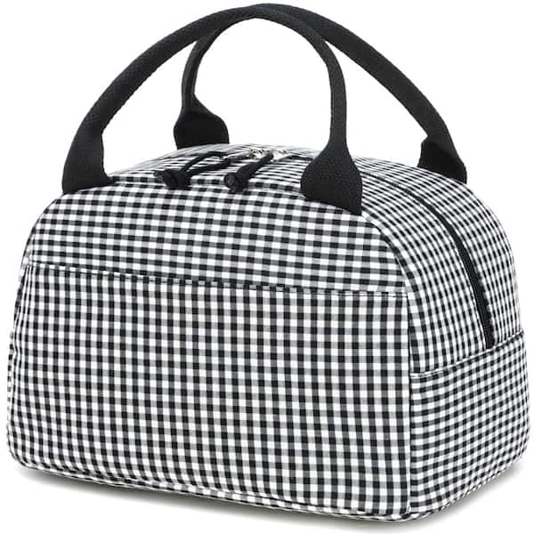 Insulated Lunch Bag, Reusable Lunch Box Tote with Large Capacity, Front Pocket and Double Zipper, Black White Grid