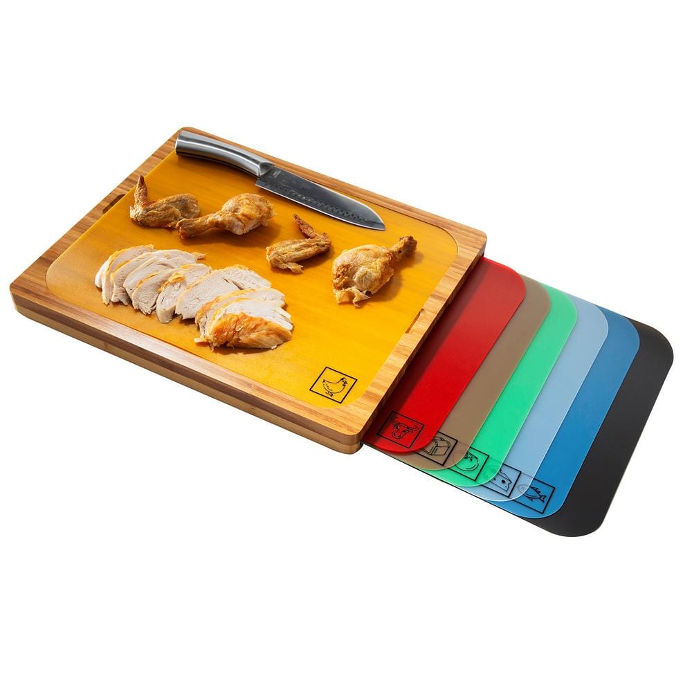 Bamboo Cutting Board with Color-Coded Flexible Mats Set