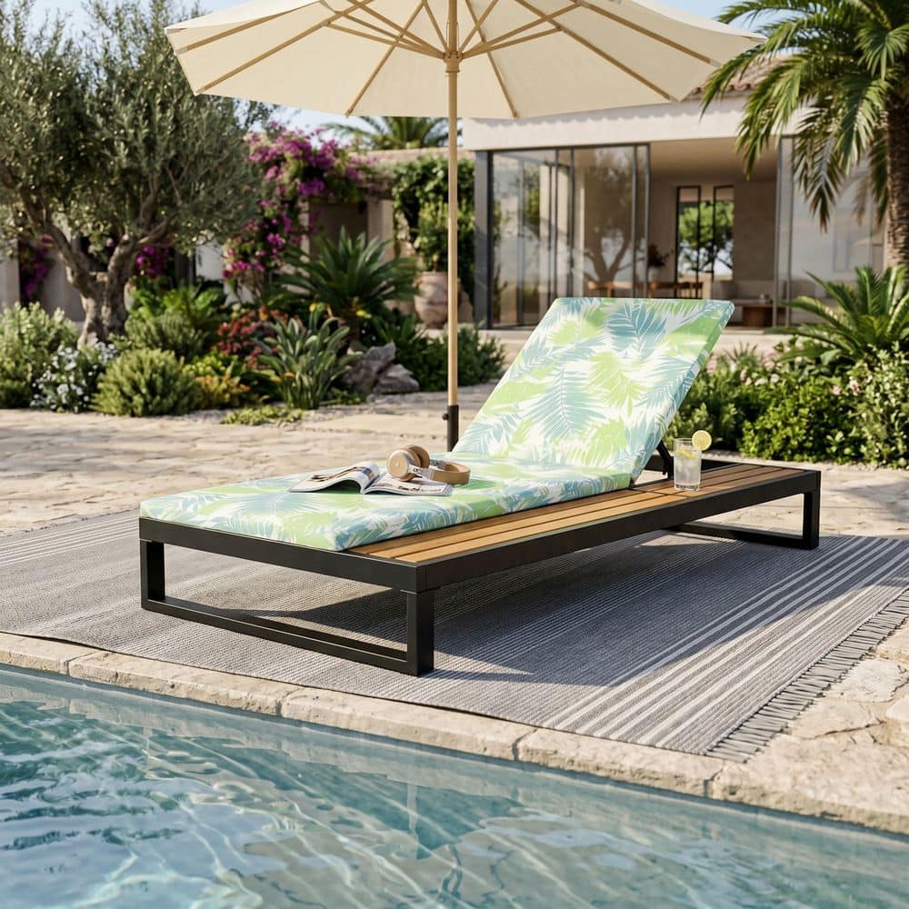 Aleva Black Iron + Teak Finish Outdoor Patio Chaise Lounge with 2-Fold Leaf Coconut Cushion price history on PriceWatchPro