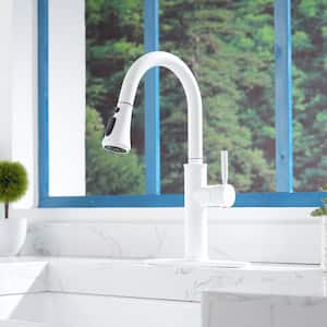 4-Spray Patterns Single Handle Pull Down Sprayer Kitchen Faucet with Deckplate and Water Supply Hoses in Matte White
