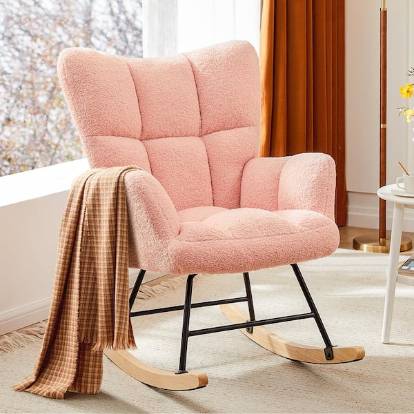 FIRNEWST Pink Teddy Upholstered Accent Nursery Rocking Chair with Metal and Wood Legs