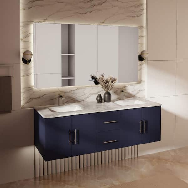 Geneva 60 in. W x 22 in. D Navy Blue Double Bath Vanity and Carrara Marble Top