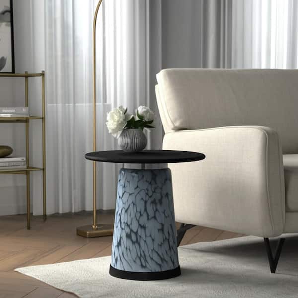 18 in. Blue Round Marble Top Tall Art Tapered Base End Table
