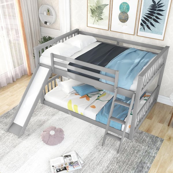 URTR Gray Full Over Full Bunk Bed with Convertible Slide and Ladder, Wooden Low Bunk Bed Frame for Kids, Toddlers, Teens