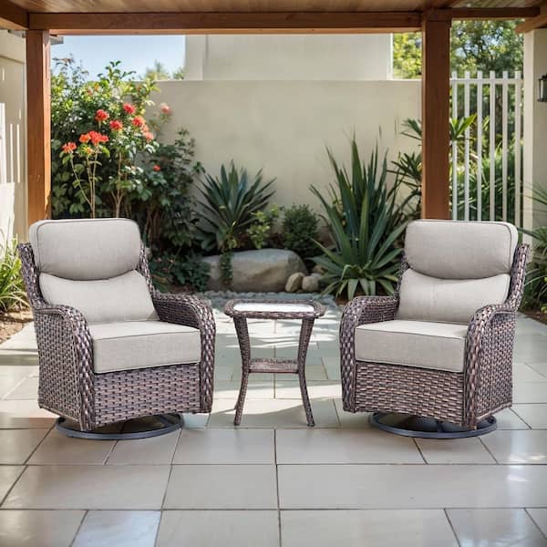 Arcadia Brown 3-Piece Wicker Swivel Rocker Patio Conversation Set with 6 in. Thick Beige Cushions and Side Table
