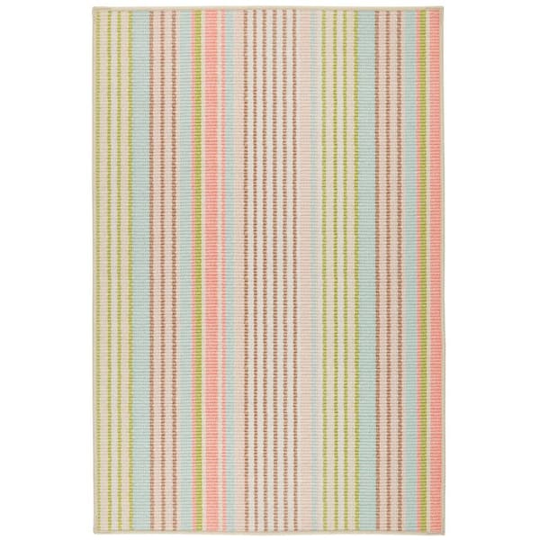 Ana Ticking Machine Washable Aqua 6 ft. x 9 ft. Indoor Area Rug
