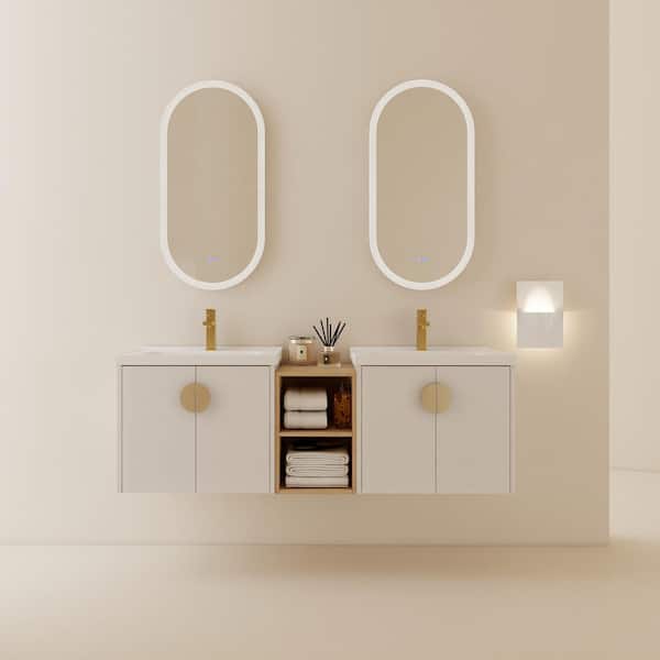60 in. Wall Mounted Bath Vanity with Soft Close Doors and White Ceramic Top in White