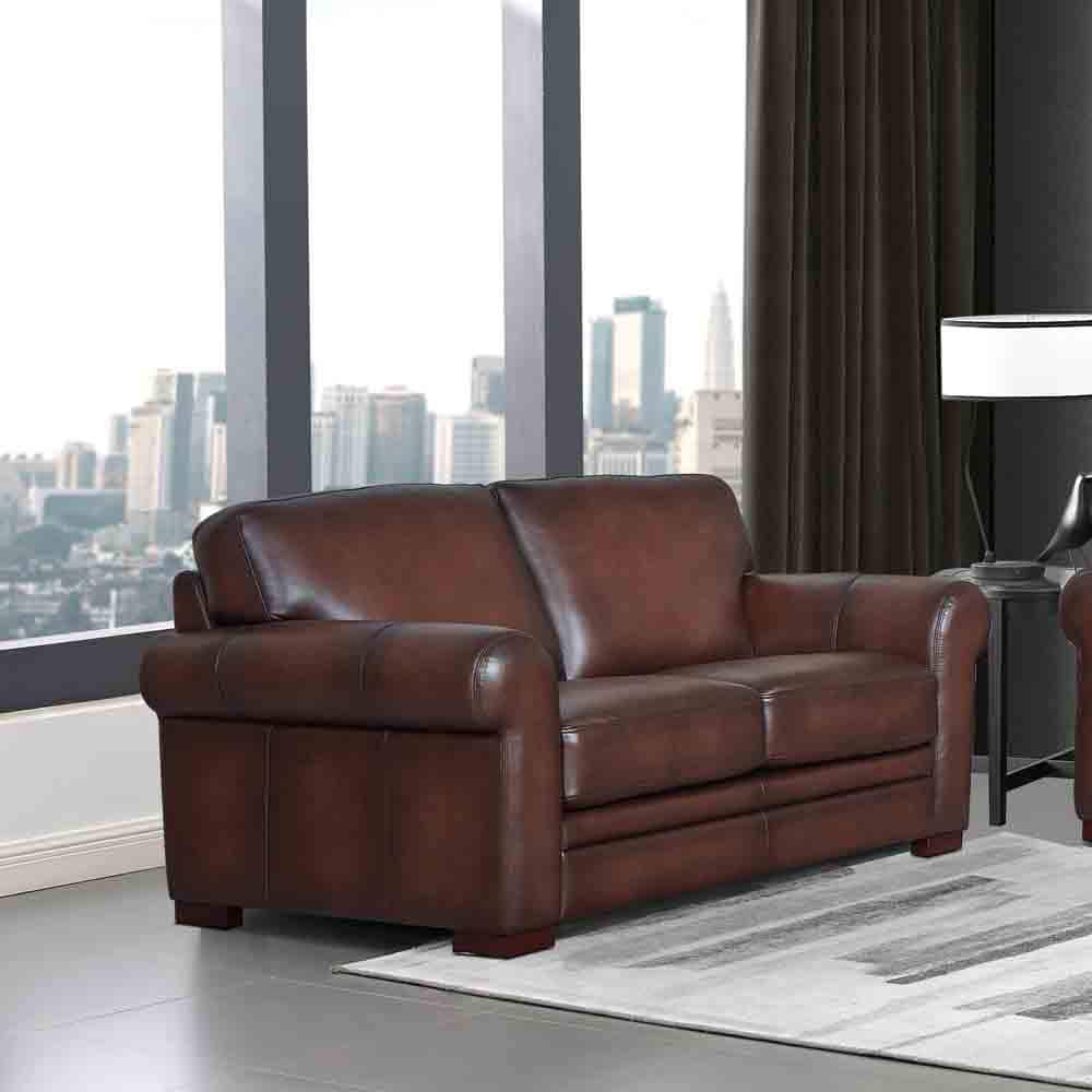 70'' Caramel Brown Leather Loveseat with Rolled Arms