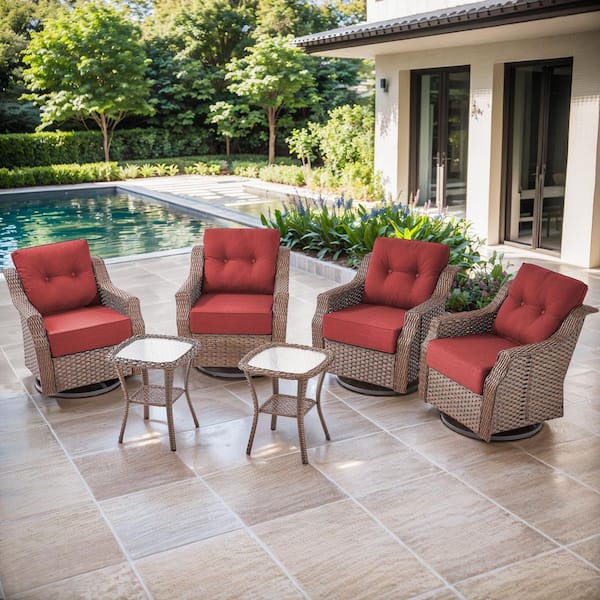 Artisan Brown 6-Piece Wicker Swivel Glider Patio Conversation Set with 6 in. Thick Red Cushions and Side Tables