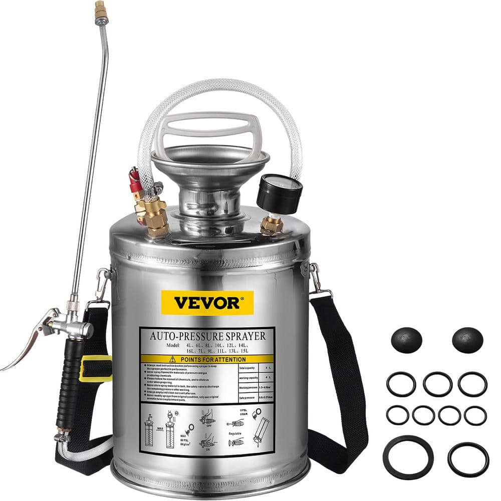VEVOR 1 gal. Stainless Steel Sprayer Metal Pump Sprayer with 12 in. Wand, Handle and 3 ft. Reinforced Hose for Gardening