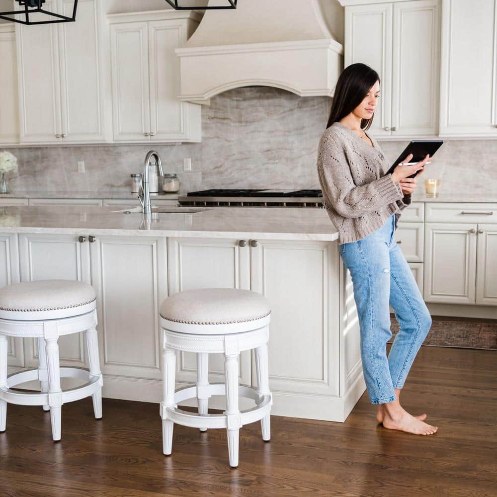 Alabaster White Swivel Backless Bar Stool with Hand-Carved Wood