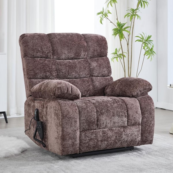Brown Dual Motor Chenille Lift Recliner Heat Massage Infinite Position with Power-Remote, Medium-firm and Heavy duty
