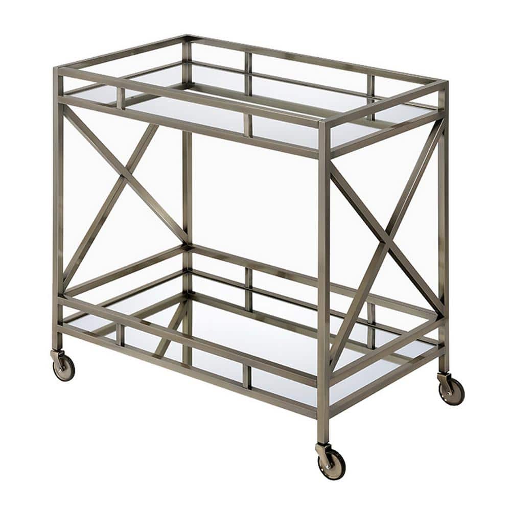 Elegant Silver Metal and Glass Rectangular Serving Cart with Wine Storage