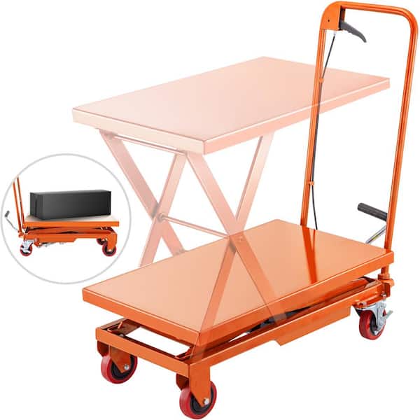 VEVOR Hydraulic Scissor 500 lbs. Capacity Manual Scissor Lift Table 28 in. x 18 in. with 4 Wheels and Foot Pump in Orange