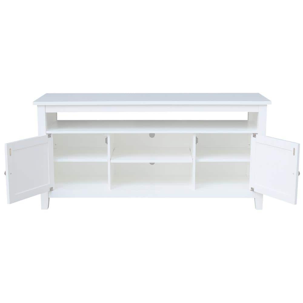 Classic Solid Wood White TV Stand with Open Shelves and Cabinet