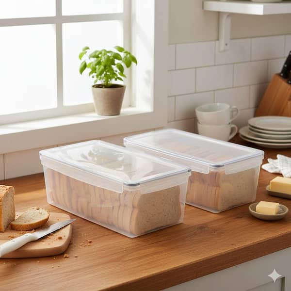 2-Piece Airtight Plastic Bread Storage Container Set Large Bread Keeper with Lid Sandwich Holder Kitchen Counter