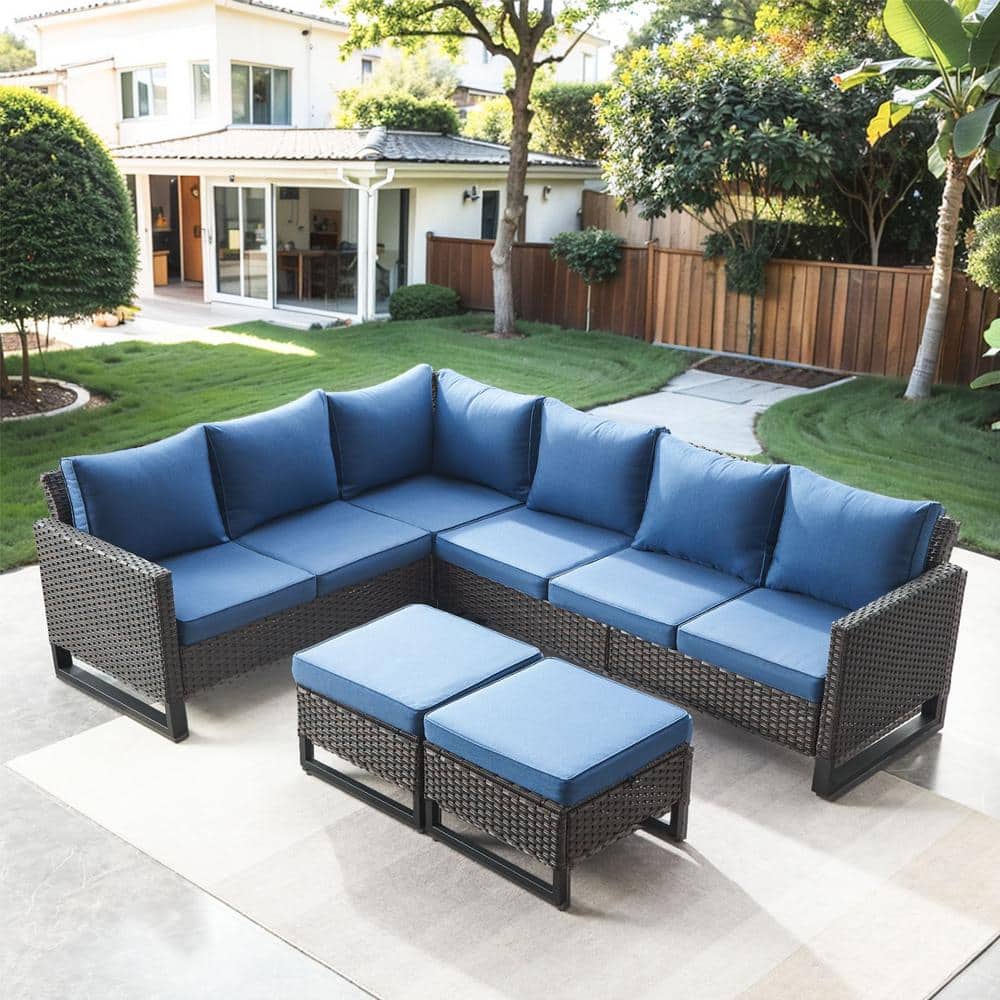Valenta Brown 5-Piece Wicker Outdoor Sectional Set with Blue Cushions price history on PriceWatchPro