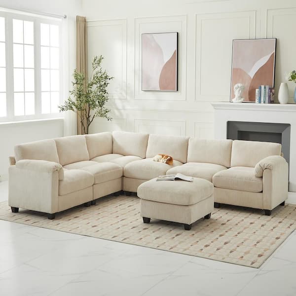 JEAREY 115 in. Corduroy Modular L-Shaped Beige 7-Seat Sectional JEAREY 115 in. Corduroy Modular L-Shaped Beige 7-Seat Sectional