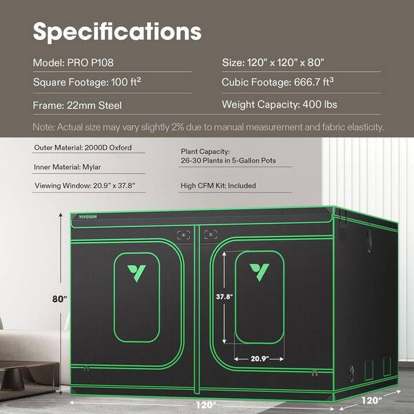 VIVOSUN 10 ft. x 10 ft. P108 Black Pro Grow Tent with Reflective