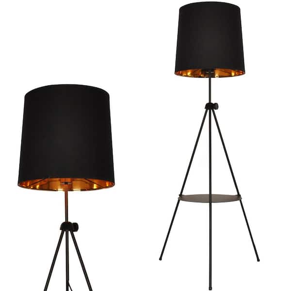 Zompoo Modern 64 in. 1-Light Black Tripod Floor Lamp for Living Room with Farbic Shade and Shelf, Foot Switch
