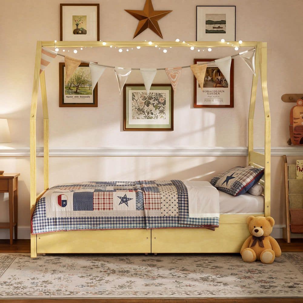Natural Twin Platform Bed with 2 Storage Drawers and Headboard price history on PriceWatchPro