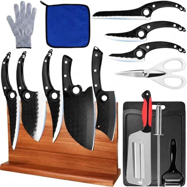 Kitchen Knife Set with Magnetic Block Cutting Board Sharpener Rod Scissors and Gloves High Carbon Steel