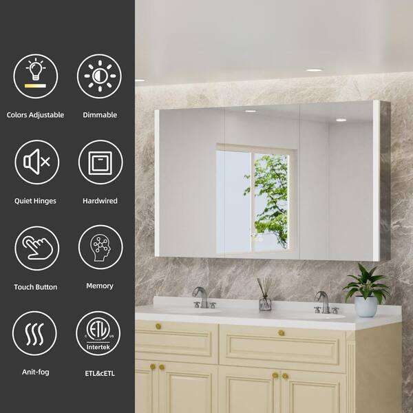 HBEZON Rina 24 in. W x 36 in. H Rectangular Aluminum Surface/Recessed Medicine Cabinet with Mirror and Light for Bathroom