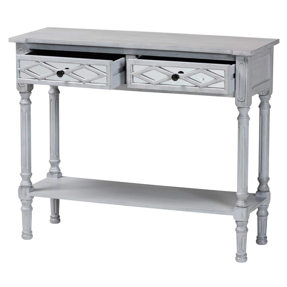 Gray Wood and Mirrored Glass 2-Drawer Console Table with Storage Shelf