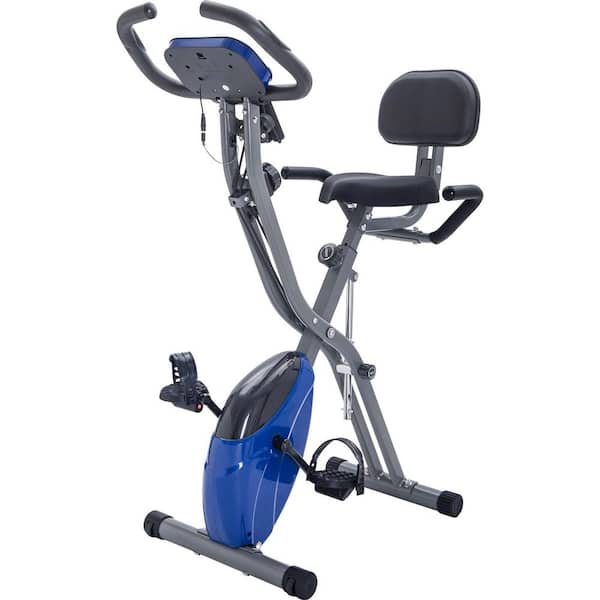 Blue Metal Folding Fitness Upright and Recumbent X-Bike with 16-Level Adjustable Resistance, Arm Bands, Backrest