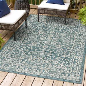 Malta Bohemian Medallion Teal/Gray 3 ft. 1 in. x 5 ft. Textured Weave Indoor/Outdoor Area Rug