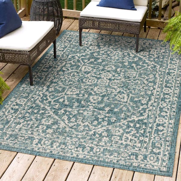 Malta Bohemian Medallion Textured Weave Teal/Gray 9 ft. x 12 ft. Indoor/Outdoor Area Rug