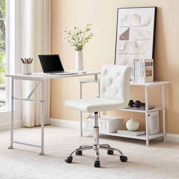 Armless Desk Chair Faux Leather Task Chair Home office Modern Swivel Adjustable Rolling Chairs White Office Stools