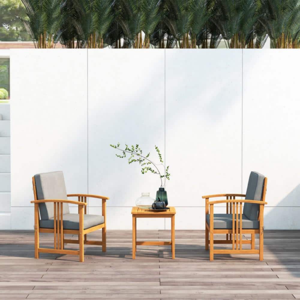 Brown 3-Piece Solid Acacia Wood Frame Outdoor Patio Conversation Set with Upgraded Thick and Gray Washable Cushion price history on PriceWatchPro