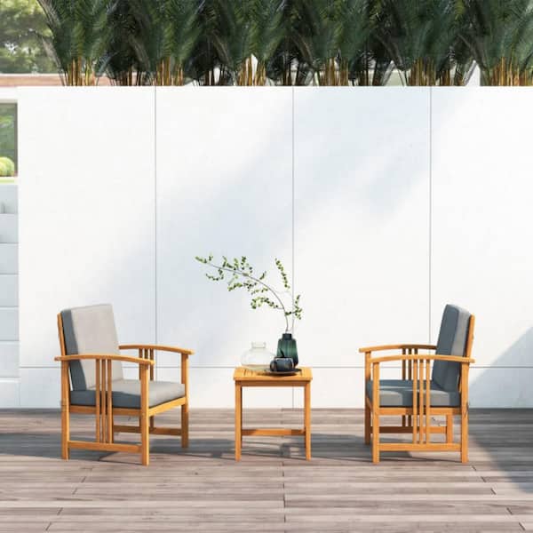 Brown 3-Piece Solid Acacia Wood Frame Outdoor Patio Conversation Set with Upgraded Thick and Gray Washable Cushion