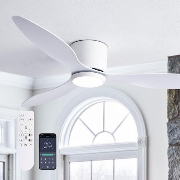 Pacific Core 52 in. Smart Indoor White Low Profile 3 Blades Ceiling Fans with Dimmable Led Lights with Remote Included