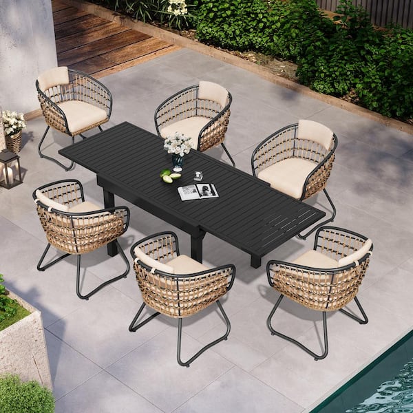7-Piece Aluminum Outdoor Dining Set, Expandable Rectangle 83 in. Table and Steel Rattan Chairs with Beige Cushion