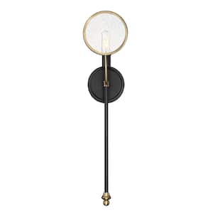 Oberyn 5.5 in. W x 21.5 in. H 1-Light Vintage Black with Warm Brass Accents Wall Sconce with Clear Seedy Glass