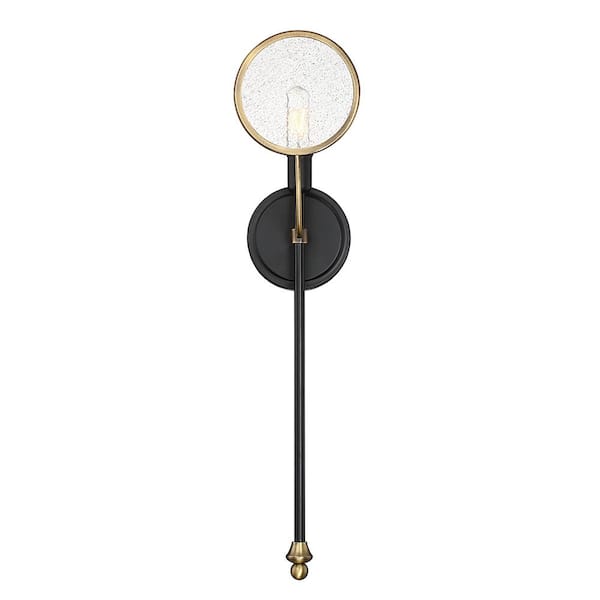 Savoy House Oberyn 5.5 in. W x 21.5 in. H 1-Light Vintage Black with Warm Brass Accents Wall Sconce with Clear Seedy Glass