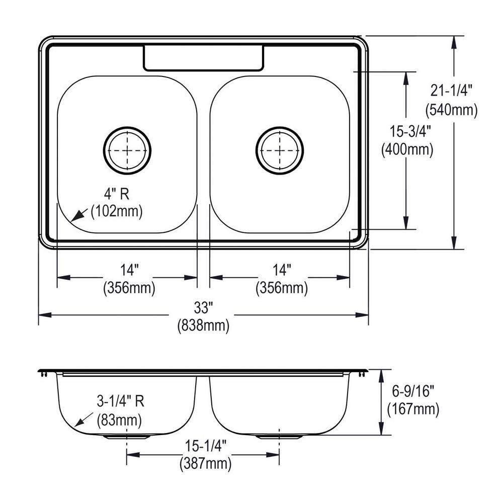 Dayton 33" Satin Nickel Double Bowl Drop-In Stainless Steel Sink