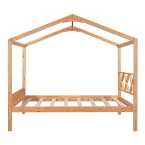 Modern Brown Full Size Wooden House Bed with Storage Space, House Bed Frame with Headboard for Boys, Girls