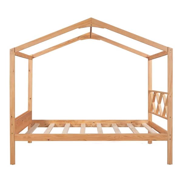 URTR Modern Brown Full Size Wooden House Bed with Storage Space, House Bed Frame with Headboard for Boys, Girls