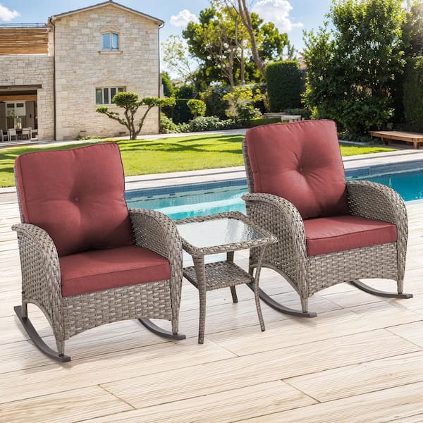 Pocassy 3-Piece Gray Wicker Patio Conversation Set with Cushions and Coffee Table All-Weather Rocking Chairs