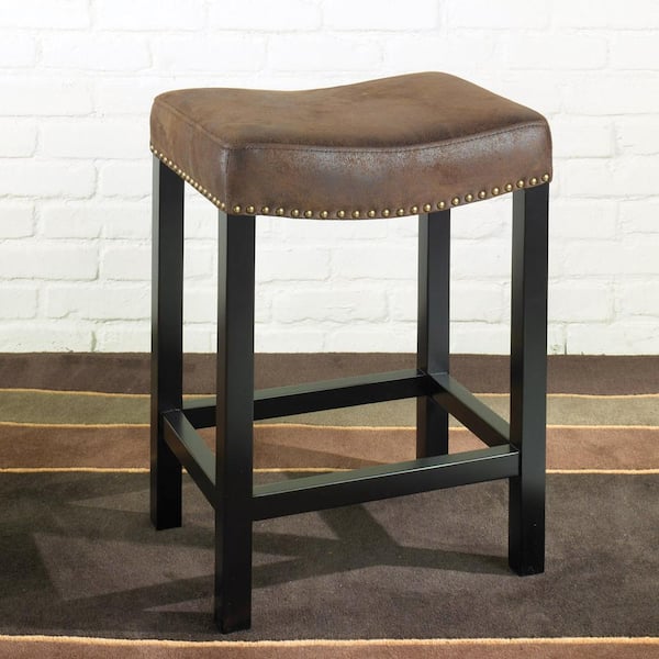 Armen Living Tudor 26 in. Wrangler Brown Fabric and Black Wood with Nailhead Accents Backless Bar Stool